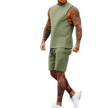 Men's casual thin five-point pants sleeveless top solid color vest shorts two-piece set_autovado.com