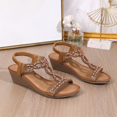 Women's fashion fashion wood bead rhinestone wedge heel comfortable large size sandals_autovado.com