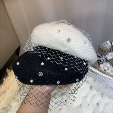 Hot Sale Fascinating Mesh Veil Wool Beret Fashion Letter M Women's Pearls Winter Warm Berets Vintage Felt French Painter Hat_autovado.com