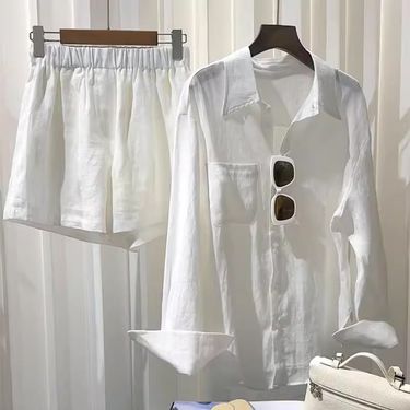 Women's Clothing White shirt linen suit loose large size cotton and linen shorts high-end texture long-sleeved shirt two-piece suit_autovado.com