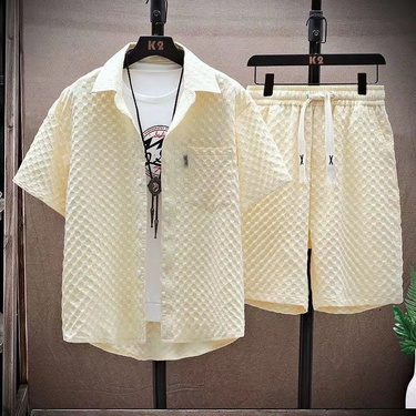 MERCURY Men's Clothing Summer ice silk men's trendy short-sleeved shirt and shorts set waffle thin sports casual two-piece suit_autovado.com