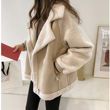 Women's Clothing Women's chic loose fur one-piece suede jacket women's short lamb velvet motorcycle jacket_autovado.com
