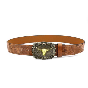 HOT Western cowboy bull head big board buckle trend retro society young men punk PU leather belt_autovado.com