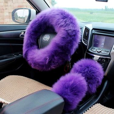 Pure Car Steering Wheel Sheep Shearing Handle Cover, Australian Wool Long Hair Three Piece Set_autovado.com