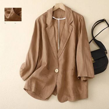 Women's Clothing Retro Cotton and Linen Casual Three quarter Sleeve Short Jacket Solid Color Small Suit Tops_autovado.com