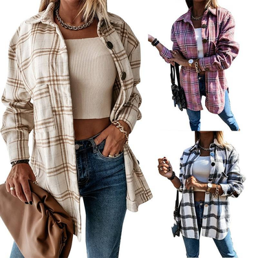 Women's Clothing plaid shirt autumn and winter new loose mid length woolen coat_autovado.com