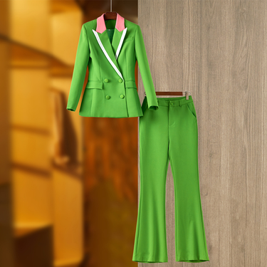 Women's emerald green spliced suit collar top wide-leg trousers temperament fashion two-piece trouser suit_autovado.com