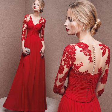 Women's clothing new style fashionable long-sleeved red one-shoulder bridal wedding dress long banquet evening dress_autovado.com