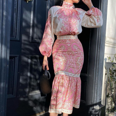Women'S Autumn New Bohemian Printed Top Mid-Length Covered Arm Skirt Suit for Women_autovado.com