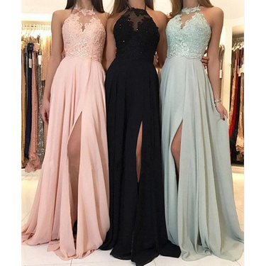 2020 new autumn style hot style halter neck lace chiffon dress prom evening dress slit long skirt_autovado.com