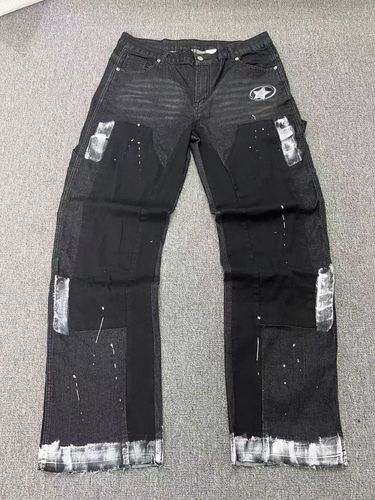 Men's Y2K Distressed Denim Jeans - Star Print Paint Splatter & Foil Design, Straight Leg Retro Streetwear_autovado.com
