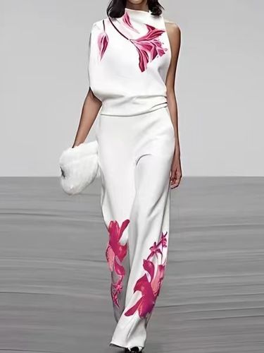 Women's Printed Turtleneck Suit - Sleeveless Two-Piece Suit | Stylish And Chic Suit_autovado.com