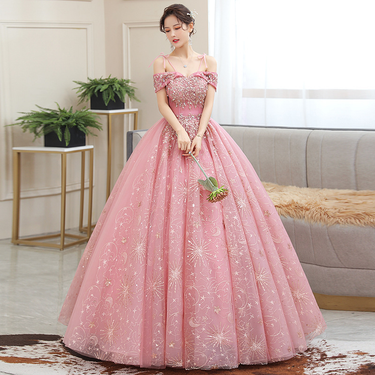 off-the-shoulder student coming-of-age evening dress shiny sequins prom dress pink banquet fluffy princess dress_autovado.com