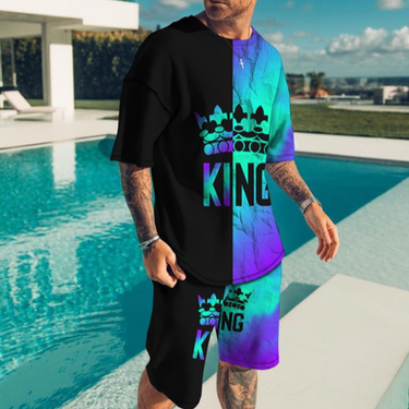 Men's Clothing shorts loose casual short-sleeved suit color matching KING printed T-shirt_autovado.com