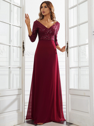 Women's chiffon double V-neck long skirt A-line large hem sequined stitching evening dress_autovado.com