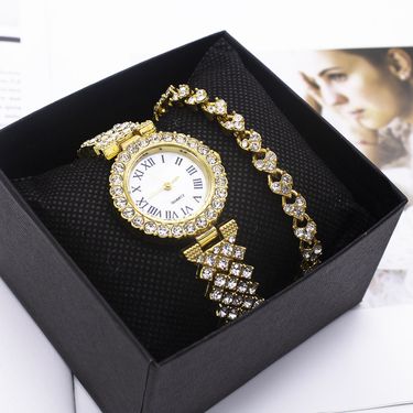 Women's bracelet watch set fashion gold full diamond steel band watch_autovado.com