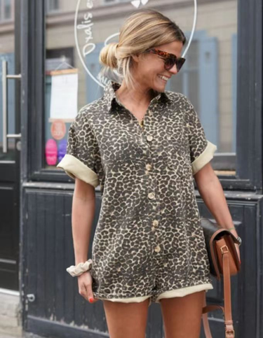 New Women's print holiday style lapel design shirt shorts suit women_autovado.com