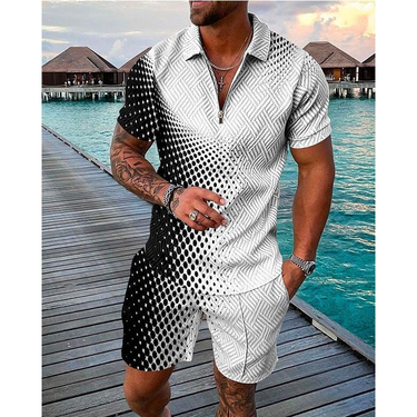 Men's Fashion Casual Suit 3D Printed Zipper Short Sleeve Polo Shirt Shorts 2-Piece Set_autovado.com