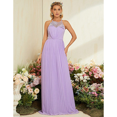 Women's halterneck backless temperament nail flower lace pleated chiffon A-swing long skirt autumn_autovado.com