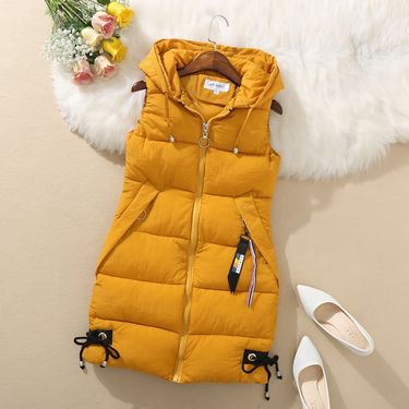 Down padded waistcoat for women autumn-winter sleeveless vest mid-length hooded vest_autovado.com