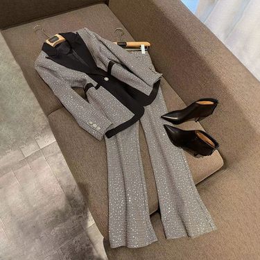 Women's Clothing large size women's plaid color matching suit women's spring new style temperament slim high waist flared pants_autovado.com