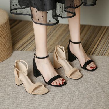High heels women's new summer square head thick with open toe one word buckle hollow hundred match fairy net red nude sandals_autovado.com
