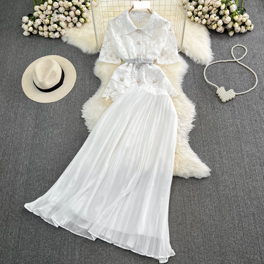 Women's fashion single breasted lace shirt two-piece set high waist a line pleated skirt_autovado.com