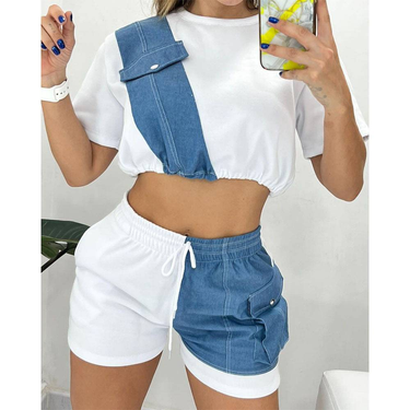 Women's Wholesale New Model Summer Imitation Denim Splicing Short Casual Suit_autovado.com
