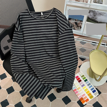 Women's Clothing shirt striped spring and autumn thin long sleeved T shirt women's medium long round neck loose large size women's clothing_autovado.com