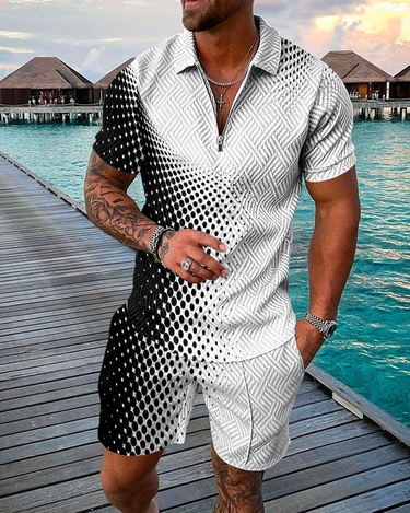 Men's Clothing new style men's fashion casual suit 3D printed zipper short sleeve polo shirt shorts 2-piece set_autovado.com