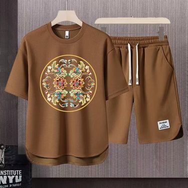 Men's Clothing 2024 Waffle Casual Summer Suit Men's Loose Teen Short sleeved T shirt Shorts Handsome Two piece Suit_autovado.com