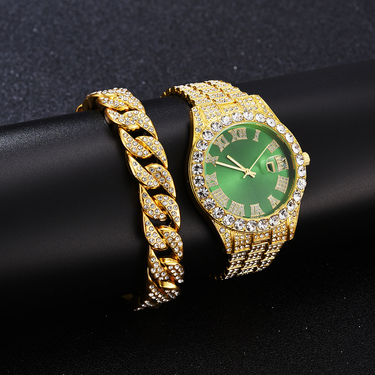 Explosive business large dial full of diamonds sparkling steel band with calendar quartz watch (2pcs/set)_autovado.com