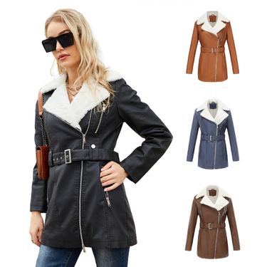 autumn and winter new long sleeved plus velvet leather jacket women's lapel double head zipper belt belt warm jacket_autovado.com