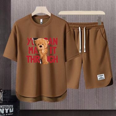 Men's Clothing 2024 Waffle Casual Summer Suit Men's Loose Teen Short sleeved T shirt Shorts Handsome Two piece Suit_autovado.com