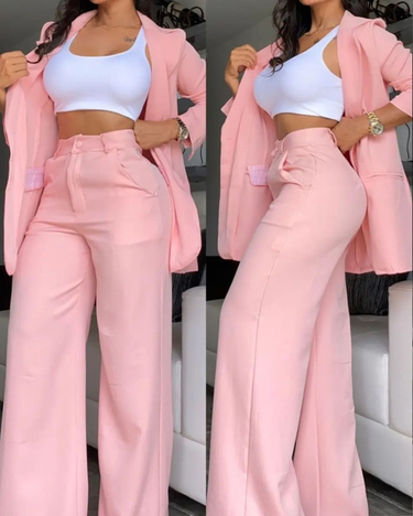 women's Clothing, Elegant And Solid Color Split Sleeve Lapel Suit With Pockets And Straight Pants Suit_autovado.com