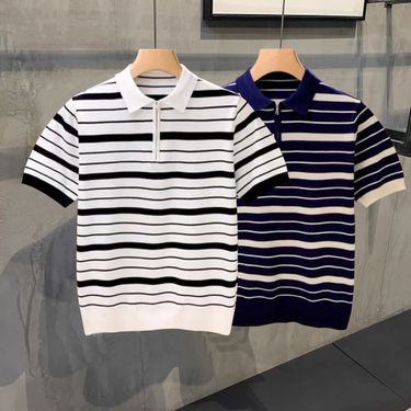 Men's Clothing Summer light mature simple fashion high end striped polo shirt men's young youth slim half zip collar T shirt men_autovado.com