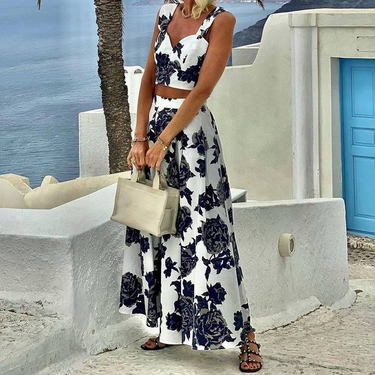 Women's Clothing Fashion Temperament Printed Midi-length Half-length Top and Skirt Two-piece Set_autovado.com