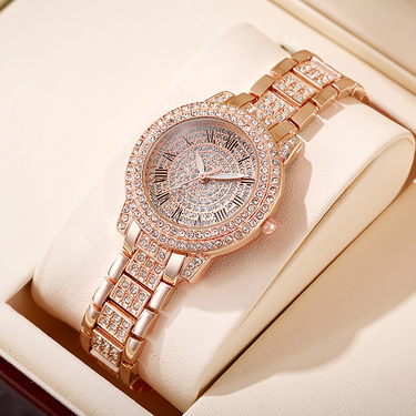 Electronic watches women's niche high-end diamond quartz watch student rose gold Roman pattern full of diamond women's watch_autovado.com