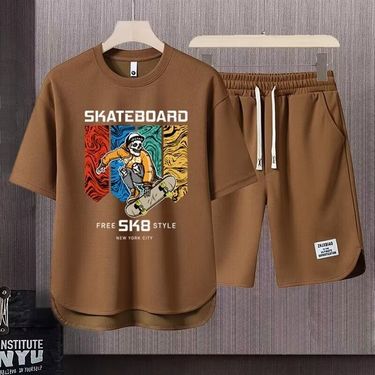 Men's Clothing 2024 Waffle Casual Summer Suit Men's Loose Teen Short sleeved T shirt Shorts Handsome Two piece Suit_autovado.com