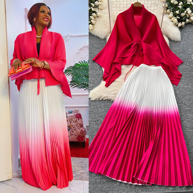 Ruffled Butterfly Sleeve Gradient Tie Cape Short Coat Top + Gradient Pleated Skirt Two-piece Suit_autovado.com