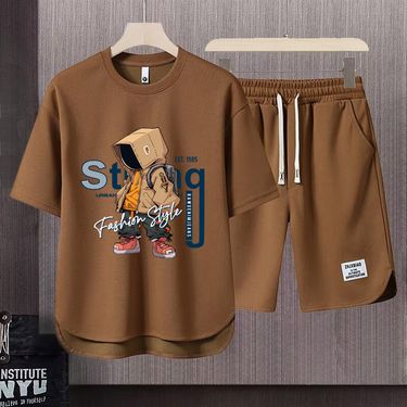 Men's Clothing 2024 Waffle Casual Summer Suit Men's Loose Teen Short sleeved T shirt Shorts Handsome Two piece Suit_autovado.com