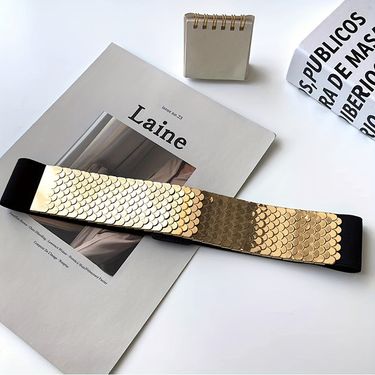 HOT Fish Scales Shiny Metal Wide Belts Trendy Golden Siery Elastic Waistband Classic Dress Coat Girdle For Women_autovado.com