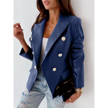 Women's Clothing new style long sleeved double breasted fashionable PU leather suit small jacket_autovado.com