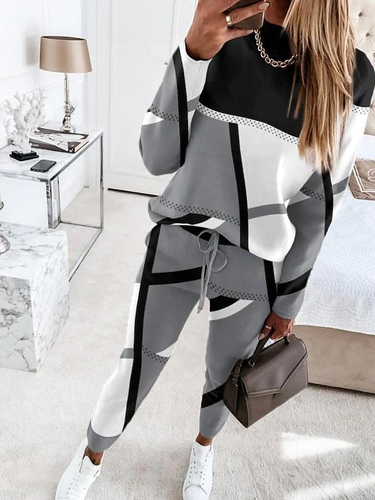 Autumn and winter new women's fashion color matching printed long-sleeved casual women's suit_autovado.com