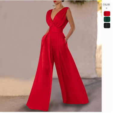 Women's Solid Color V-neck Sleeveless Long Skirt Shoulder Flower Dress For Women_autovado.com