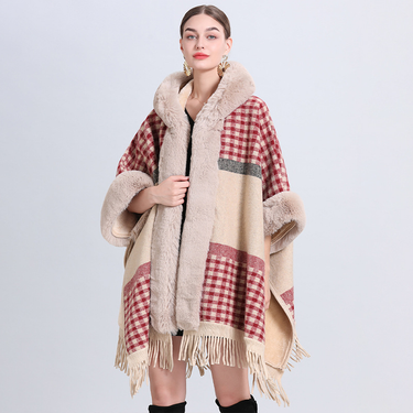 loose plaid plus velvet thick fur collar knitted shawl cape women's woolen shawl coat_autovado.com