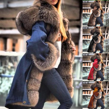 Women's imitation crystal fox fur big collar long fur collar hooded coat_autovado.com