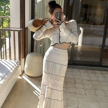 Women's Clothing hollow knitted top skirt two piece suit fashionable and age reducing temperament early spring wear a complete set_autovado.com