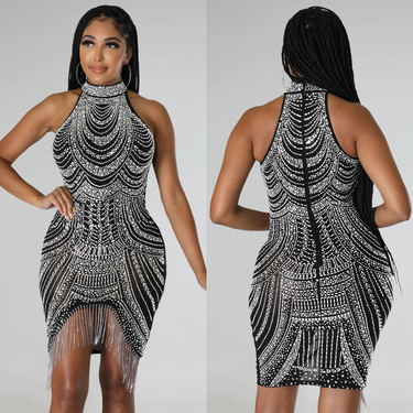 Women's Solid Color Hot Diamond Sleeveless Halter Neck Short Skirt Dress For Women_autovado.com