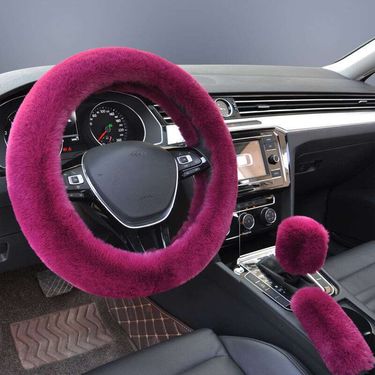 Steering Winter Otter Rabbit Fur Car Steering Wheel Plush Cartoon Handle Cover Three Piece Set Universal_autovado.com